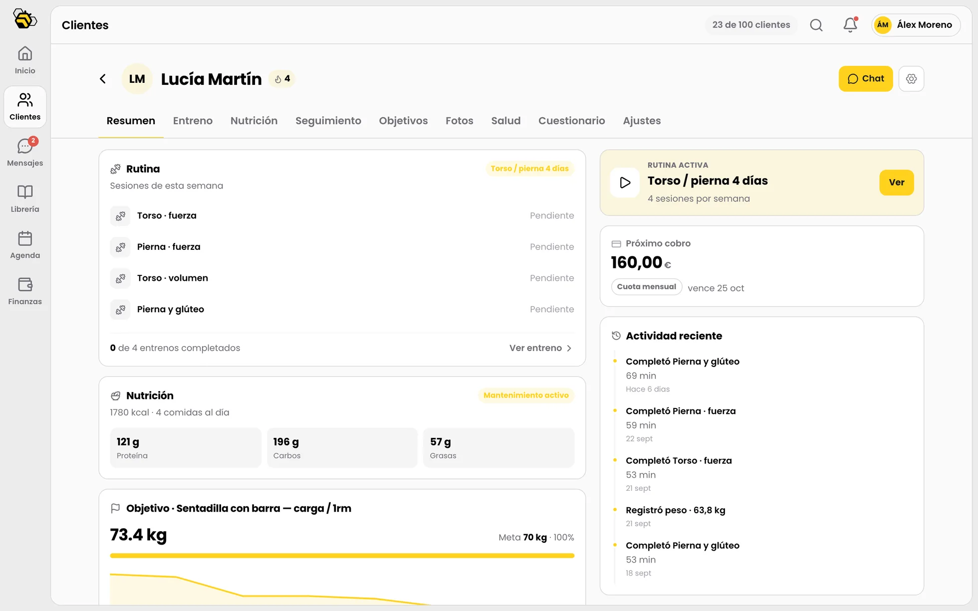 Ficha de una clienta en TrainBee: su rutina y su historial de entrenos