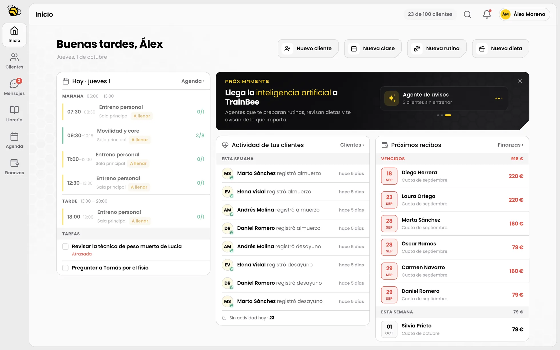 Inicio de TrainBee: el dia, la actividad de los clientes y los recibos