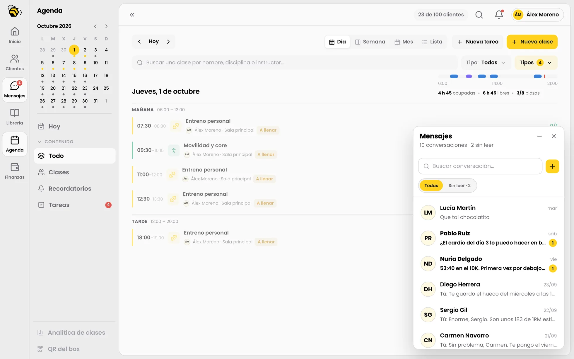 El panel de mensajes de TrainBee, abierto sobre el contenido