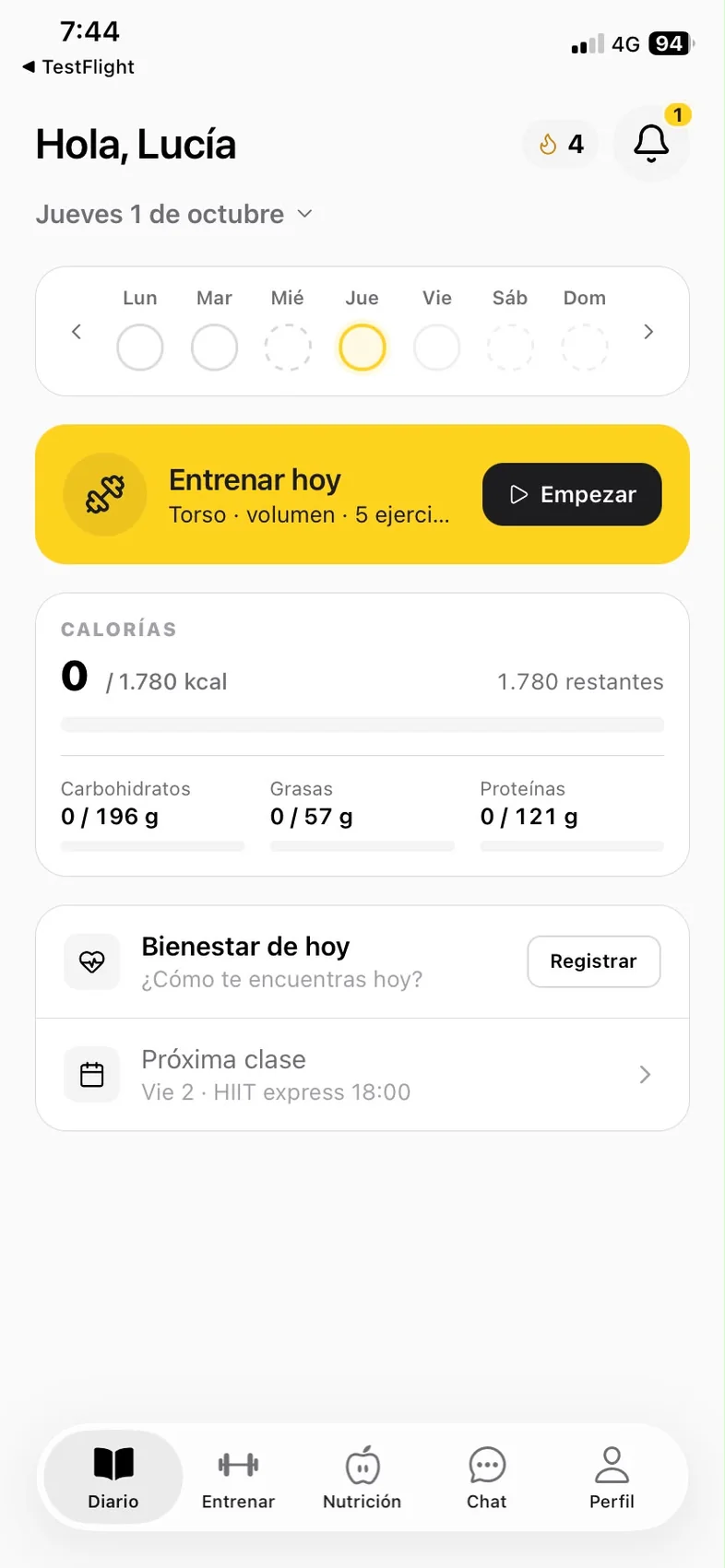 El diario de Lucia en TrainBee: su entreno de hoy, sus calorias y su bienestar