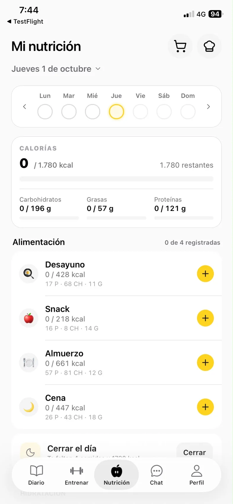 La nutricion de Lucia en TrainBee: sus calorias y sus comidas del dia