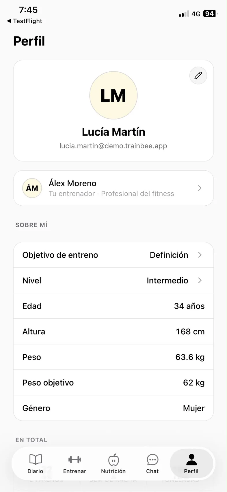 El perfil de Lucia en TrainBee: su entrenador y sus datos