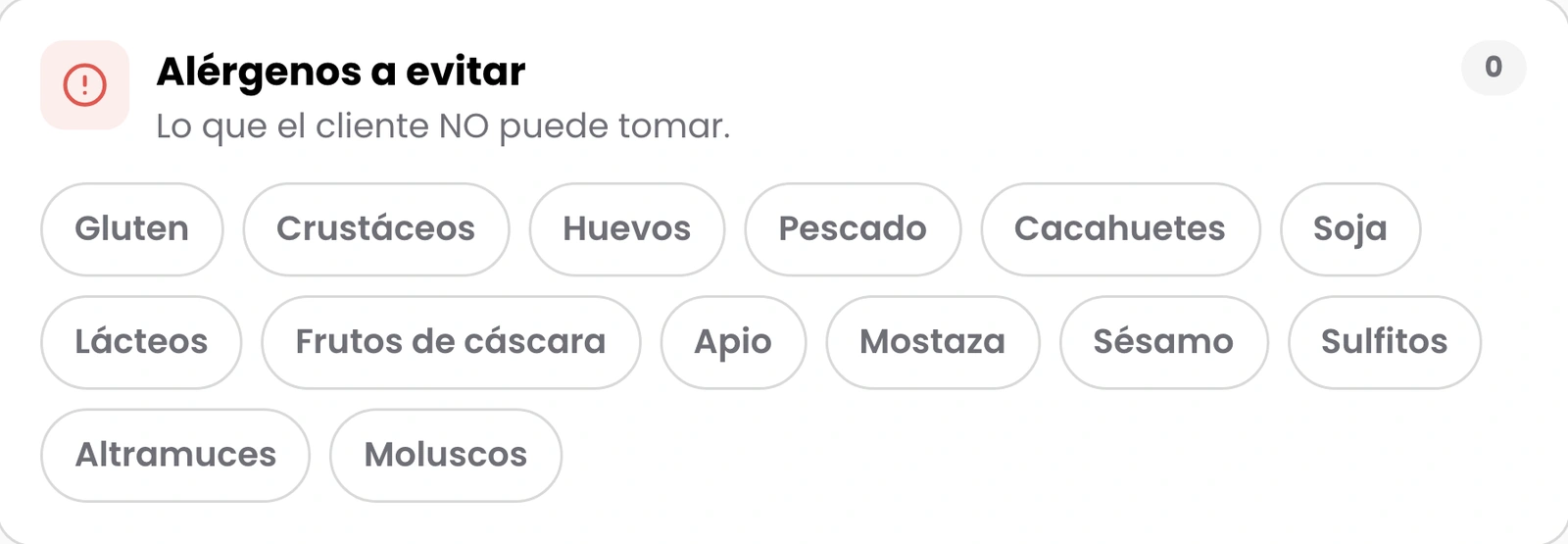 Los catorce alergenos que el cliente no puede tomar, marcados en su ficha