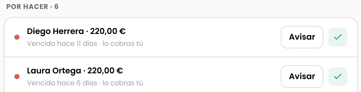 Lista de lo que queda por cobrar, con el boton de avisar al cliente
